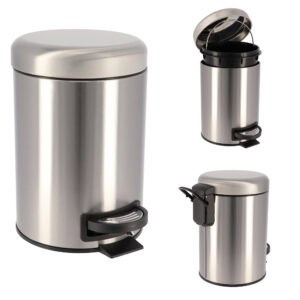 Small metal step trash can showing back hinge and lid mechanism