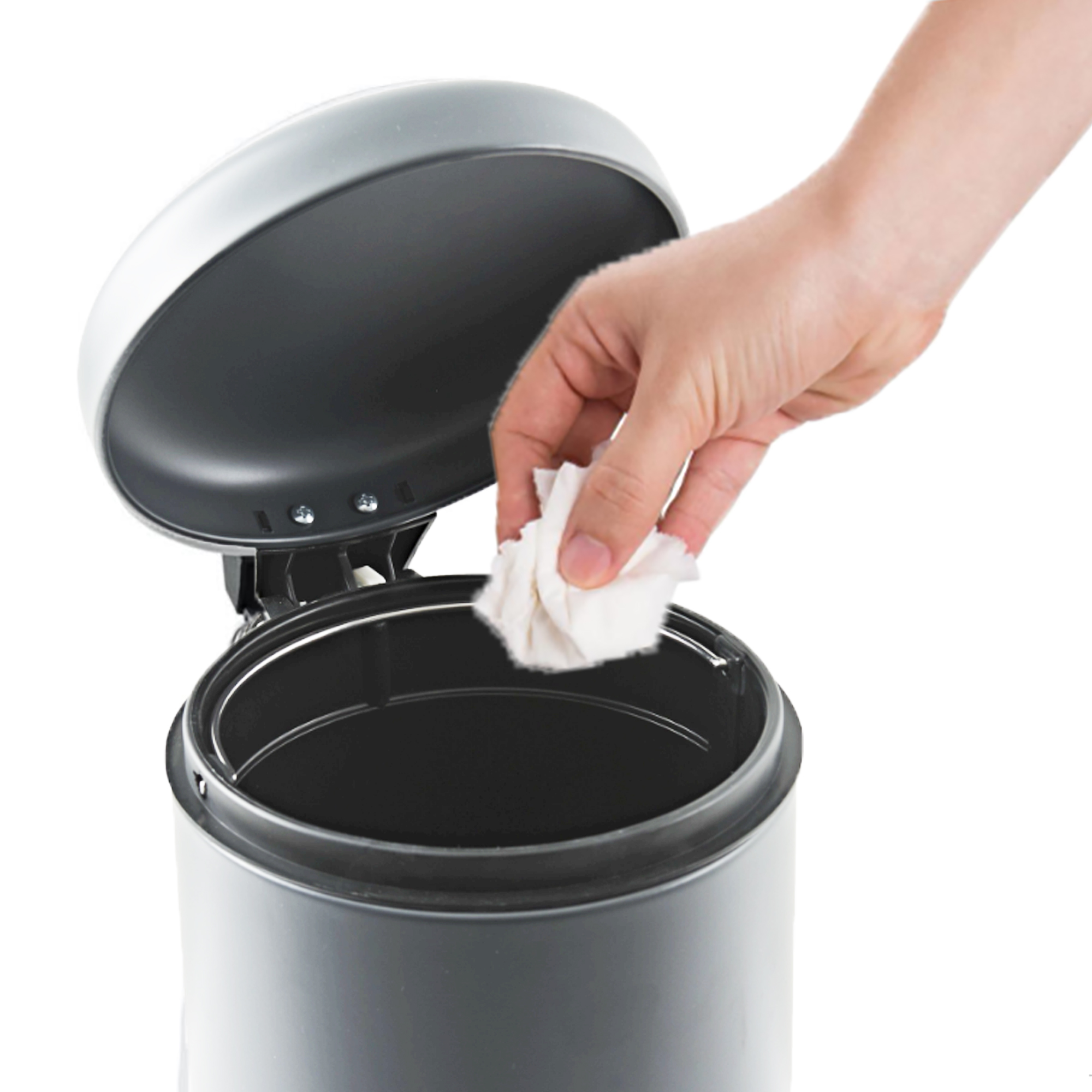 Soft close bathroom trash can open lid with hand placing tissue