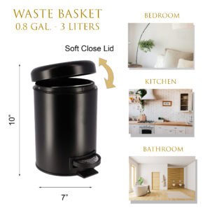 Matte black round waste basket with dimensions soft close lid infographic