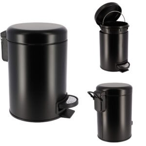 Matte black trash can showing back hinge and lid mechanism