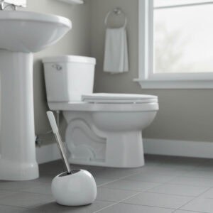 White round toilet brush holder with stainless steel handle in modern bathroom