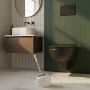 White spherical toilet brush holder with stainless steel handle in contemporary bathroom with green wall