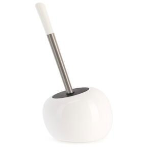 White round toilet brush holder with stainless steel handle and white top on white background