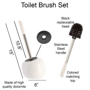 White dolomite toilet brush set with dimensions showing stainless steel handle and replaceable black brush head
