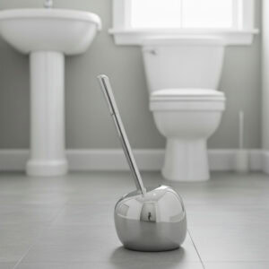 Chrome round toilet brush holder with stainless steel handle in modern bathroom