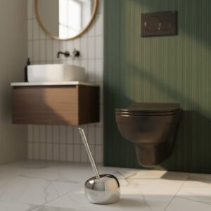 Chrome spherical toilet brush holder with stainless steel handle in modern bathroom with green accent wall