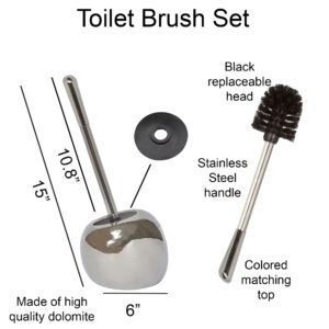 Chrome dolomite toilet brush set with dimensions showing stainless steel handle and replaceable black brush head