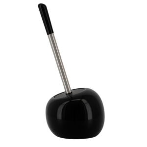Black round toilet brush holder with stainless steel handle and black top on white background