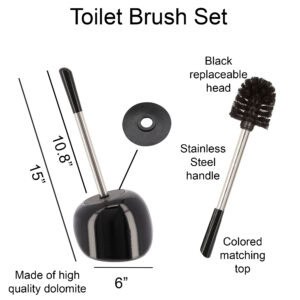 Black dolomite toilet brush set with dimensions showing stainless steel handle and replaceable black brush head