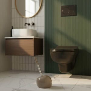 Taupe spherical toilet brush holder with stainless steel handle in contemporary bathroom with green wall