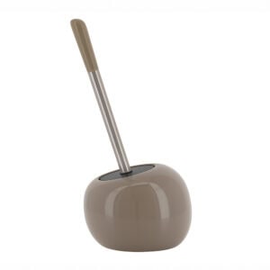 Taupe round toilet brush holder with stainless steel handle and taupe top on white background