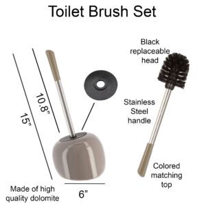 Taupe dolomite toilet brush set with dimensions showing stainless steel handle and replaceable black brush head