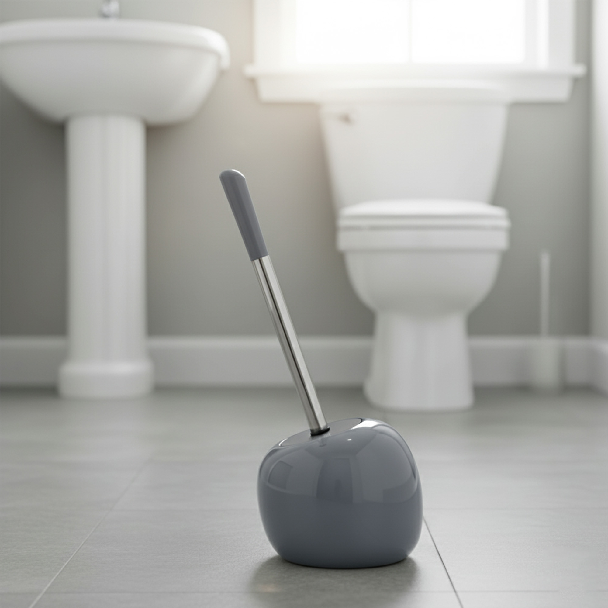 Grey round toilet brush holder with stainless steel handle and grey top in modern bathroom