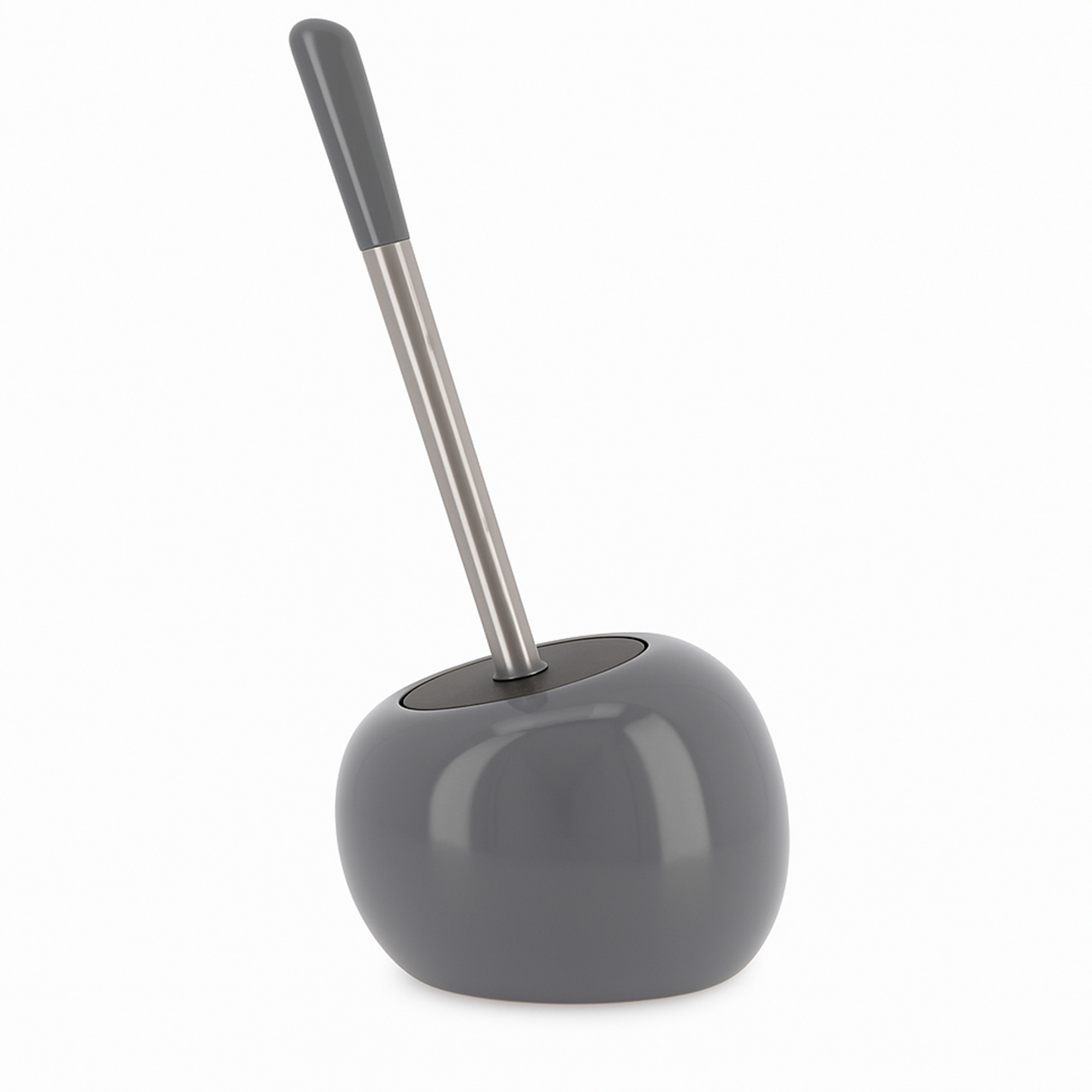 Grey round toilet brush holder with stainless steel handle and grey top on white background