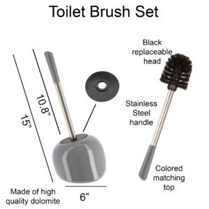 Grey dolomite toilet brush set with dimensions showing stainless steel handle and replaceable black brush head