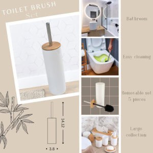 Product collage showing white toilet brush with bamboo lid, dimensions, lifestyle bathroom photos, and coordinating accessories