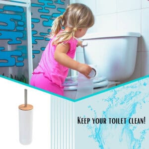 Child in pink dress cleaning toilet with white toilet brush featuring bamboo lid, product image inset below