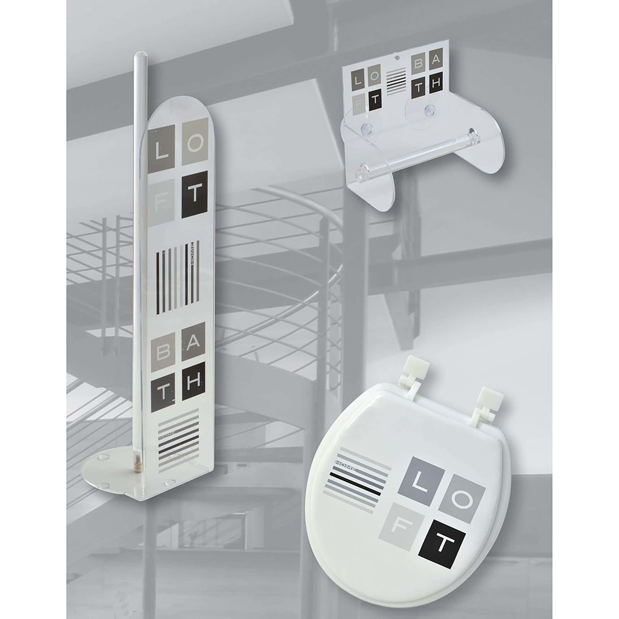 Modern 'LOFT BATH' toilet paper holder displayed between a washer and dryer in a laundry room setting