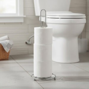 Freestanding chrome wire toilet paper holder with three rolls stacked vertically on bathroom floor