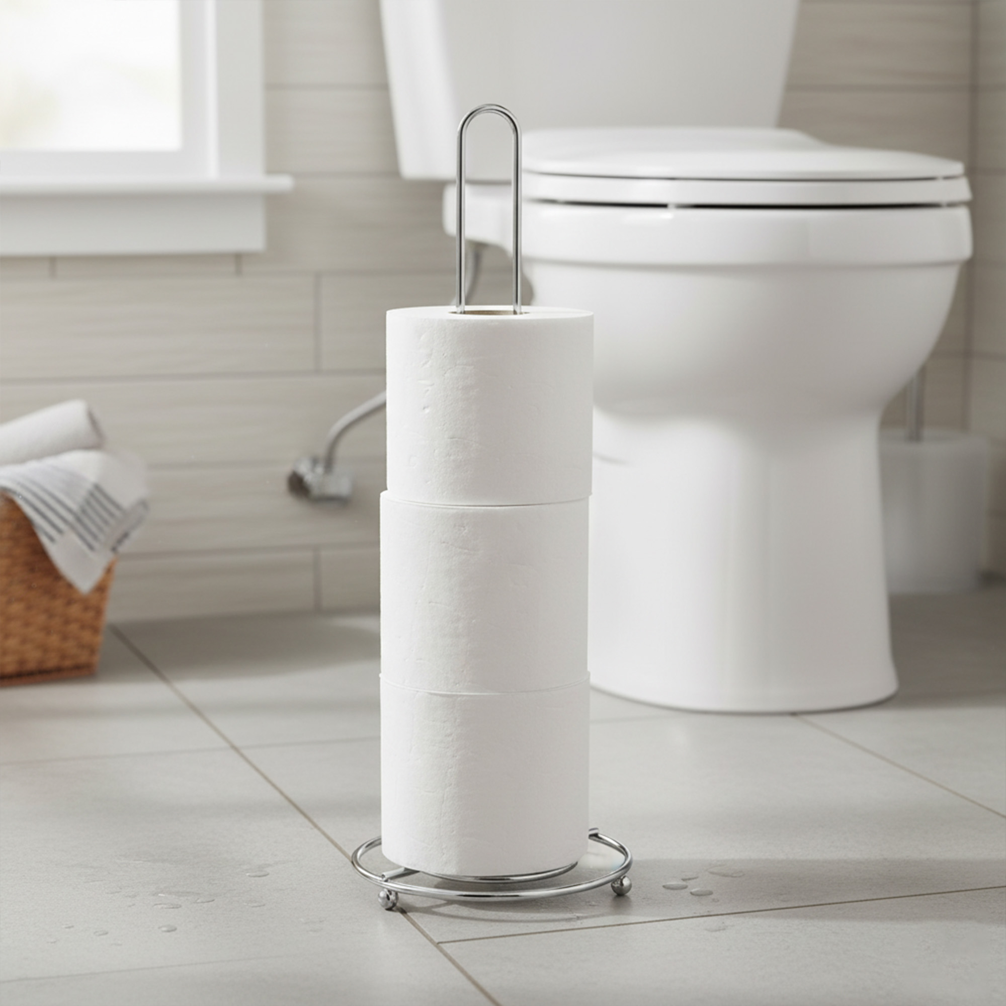 Freestanding chrome wire toilet paper holder with three rolls stacked vertically on bathroom floor