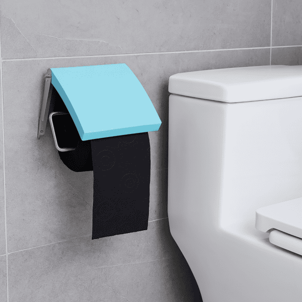 Aqua Blue cover toilet paper holder screw-mounted on grey tile beside a toilet tank, holding a black roll under a flip-up blue cover with paper hanging down.