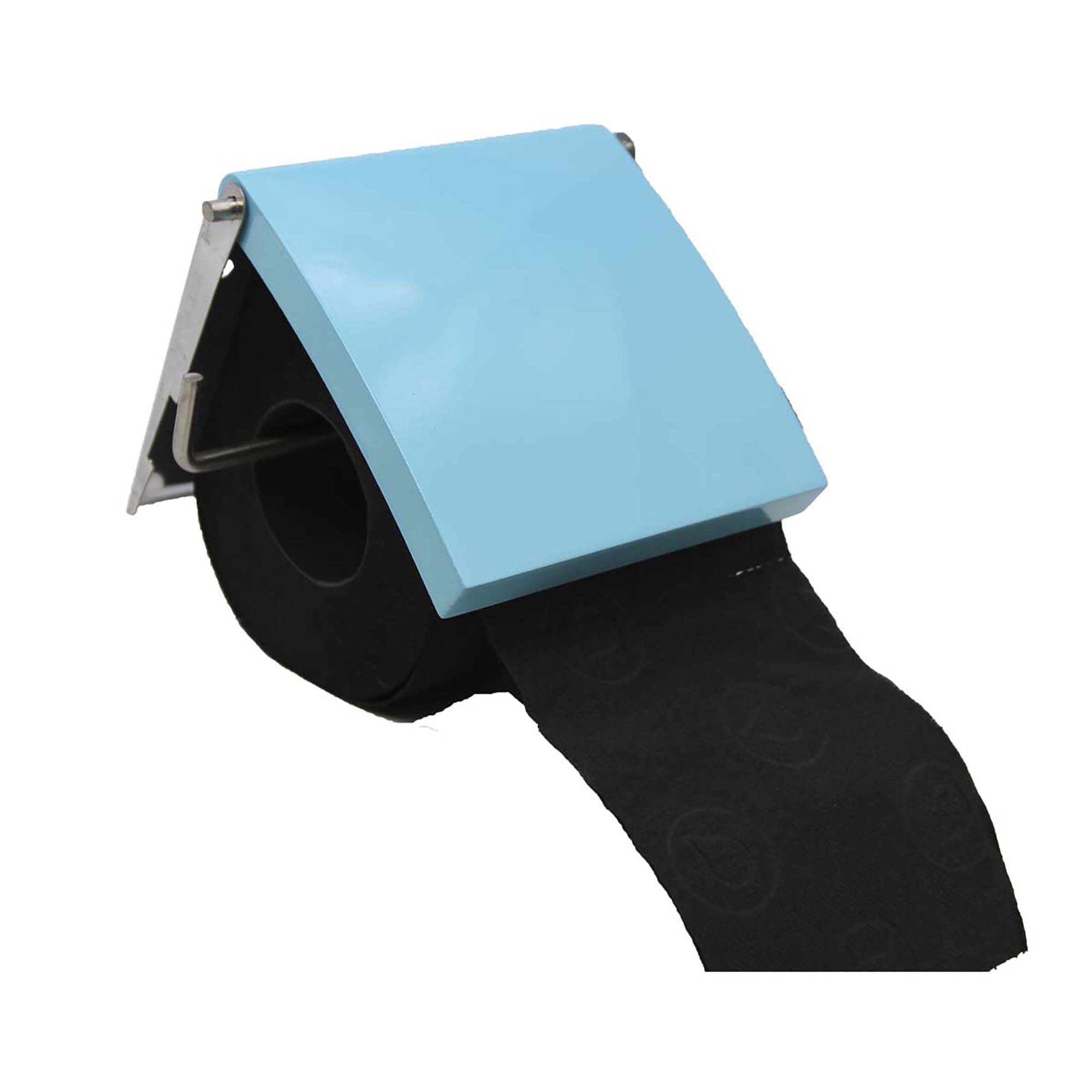 Aqua blue toilet paper holder with hinged lid and metal mounting bracket showing black toilet paper