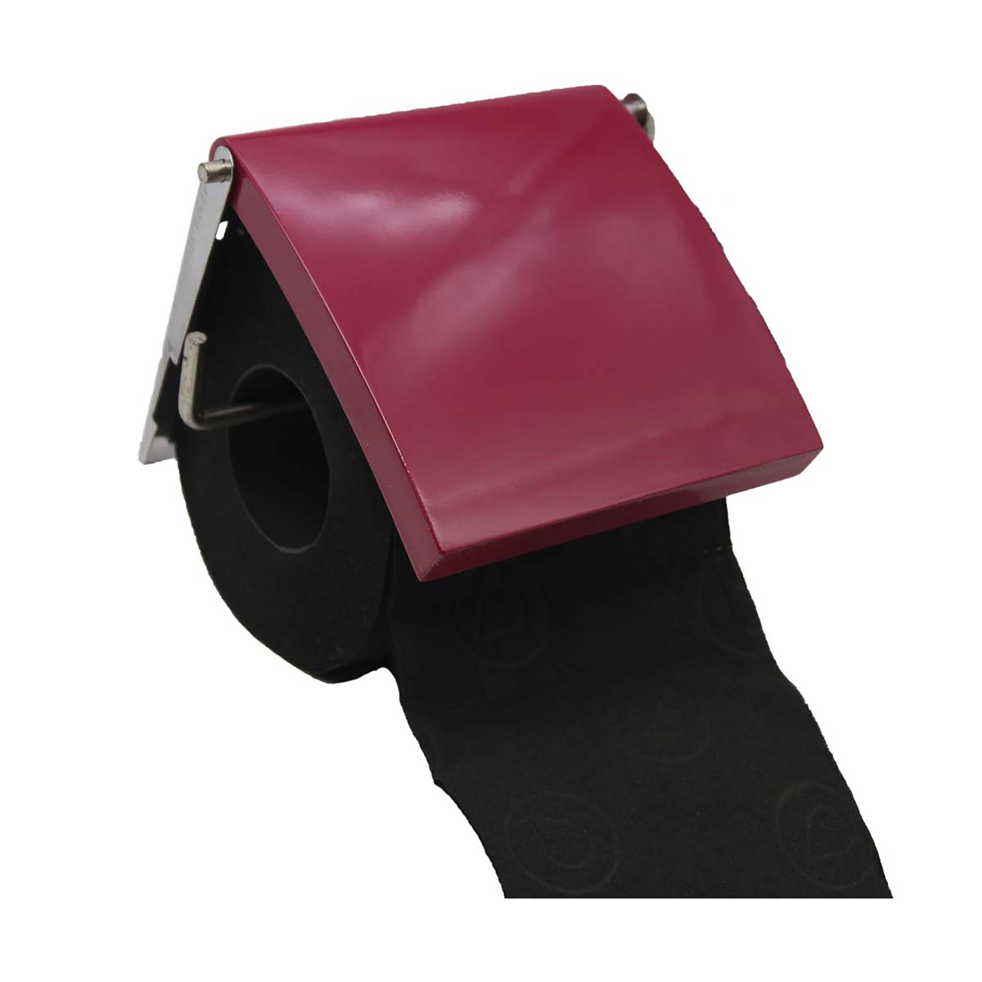 Fuchsia toilet paper holder with lift-up cover showing black toilet paper roll inside