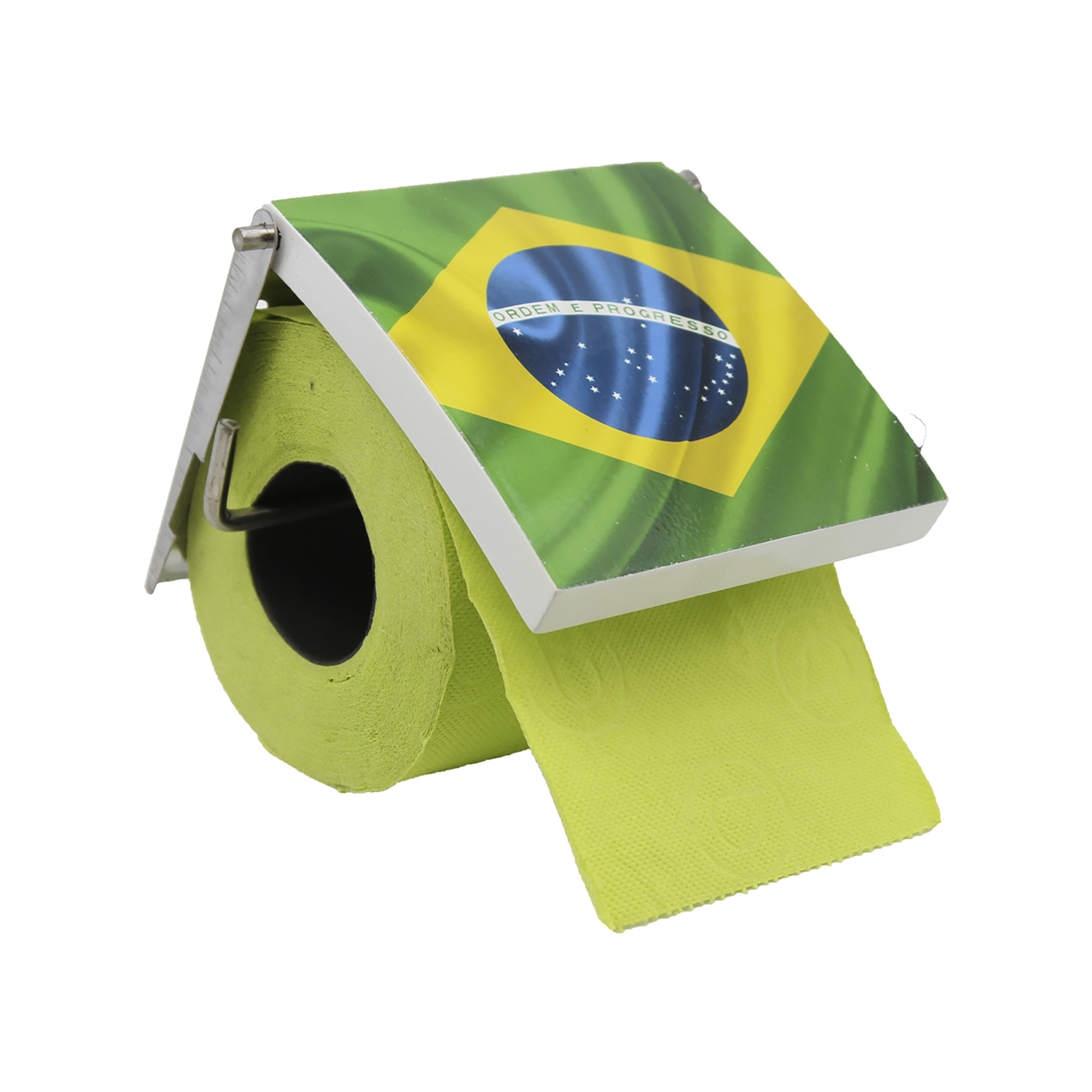 Brazil flag toilet paper holder with lift-up cover showing lime green toilet paper roll inside
