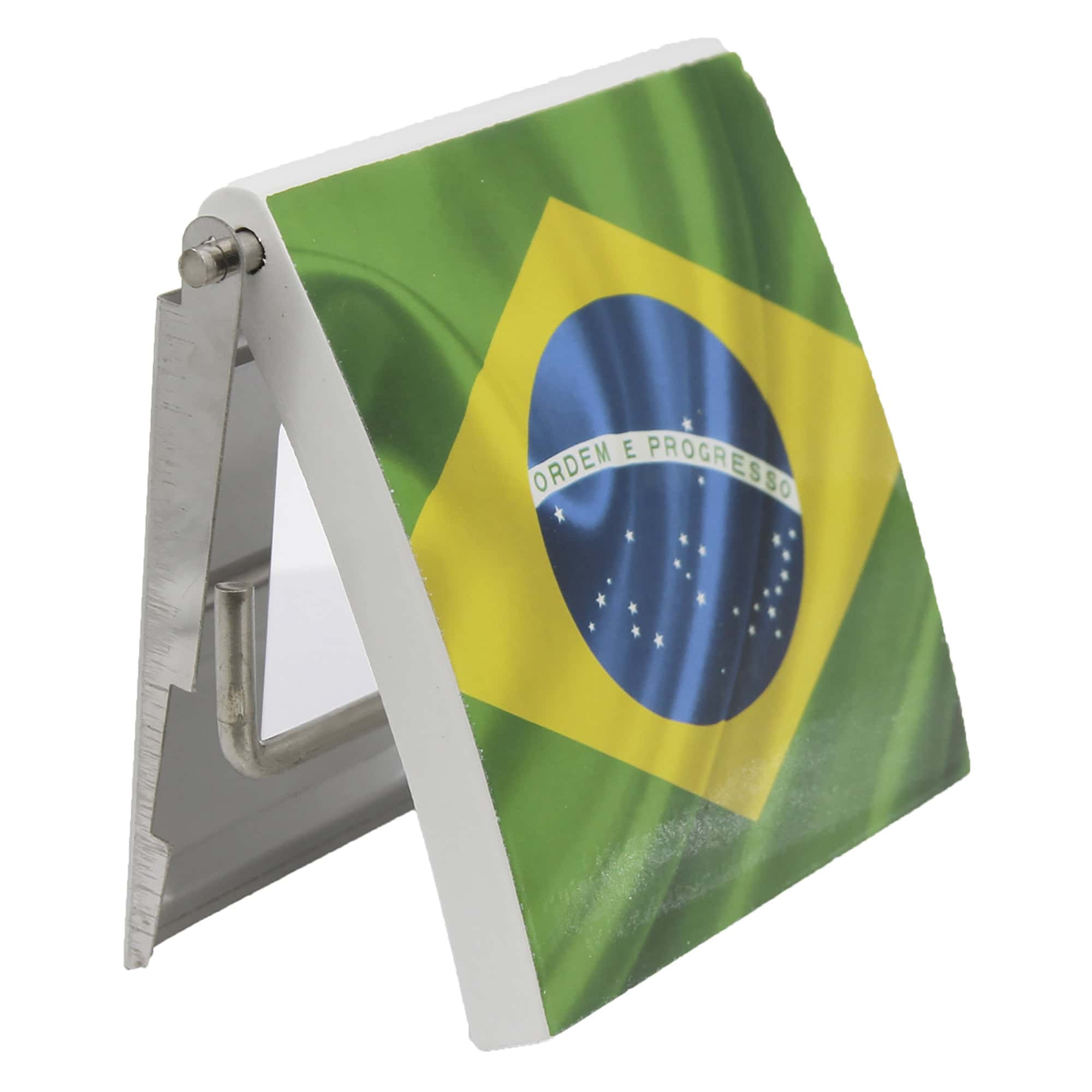 Side view of Brazil flag covered toilet paper dispenser with stainless steel mounting hardware