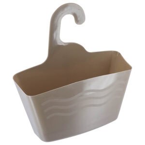 Taupe plastic hanging shower caddy organizer with hook on white background