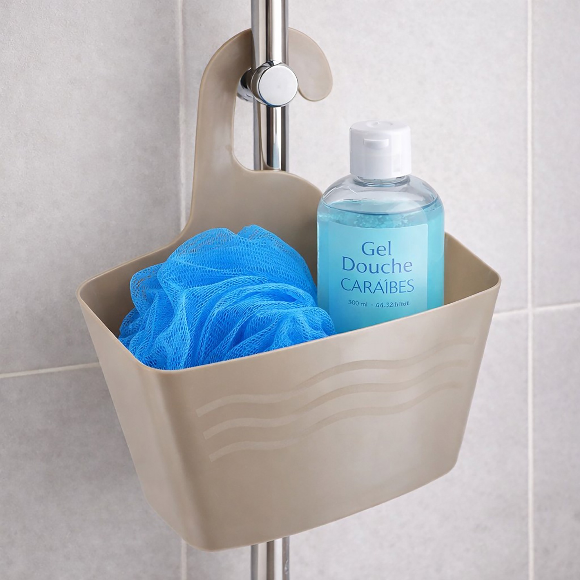 Taupe plastic hanging shower caddy on chrome shower rod with blue loofah and shower gel