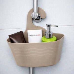 Taupe plastic hanging shower caddy on shower rod with toiletries and green soap dispenser