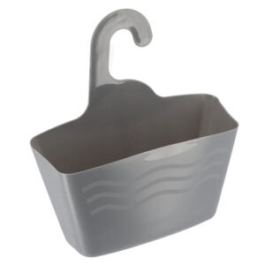 Grey plastic hanging shower caddy organizer with hook on white background