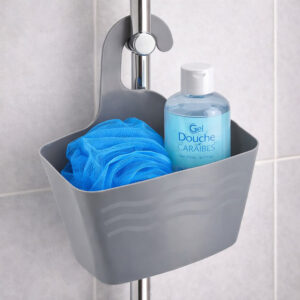 Grey plastic hanging shower caddy on chrome shower rod with blue loofah and shower gel