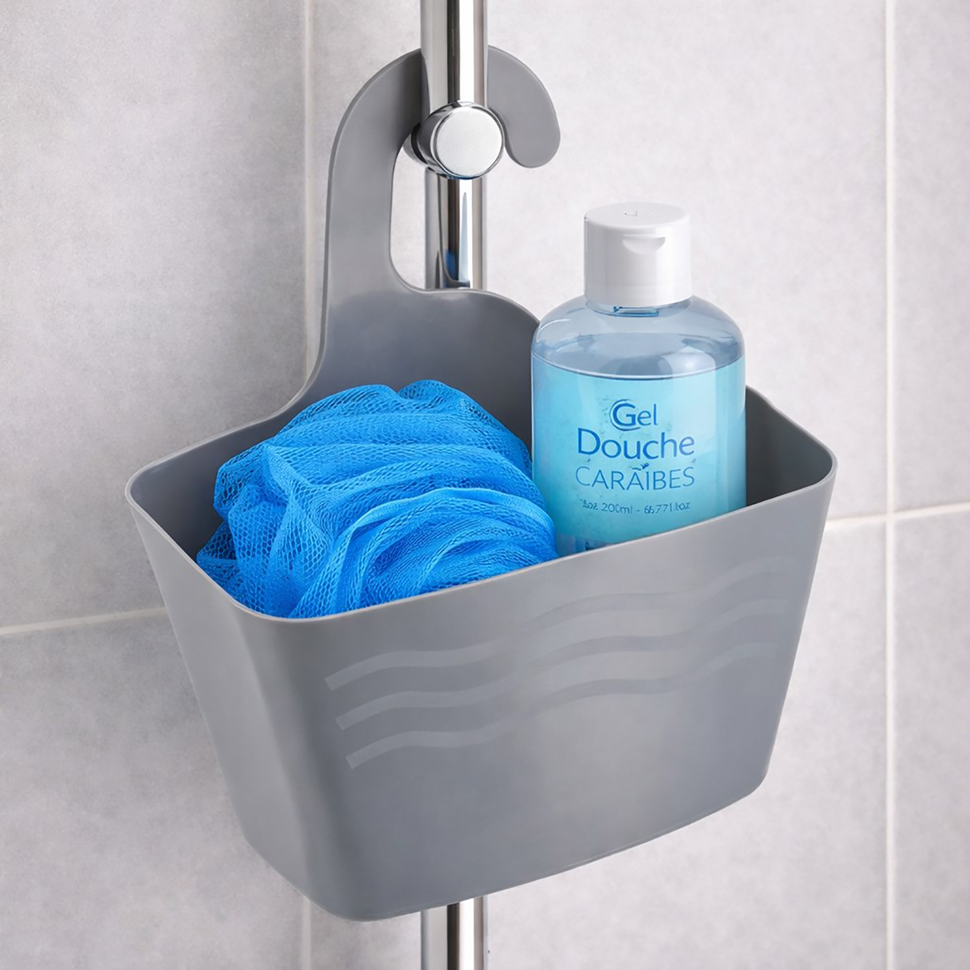 Grey plastic hanging shower caddy on chrome shower rod with blue loofah and shower gel
