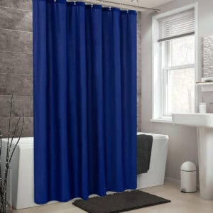 Navy blue shower curtain in a contemporary bathroom