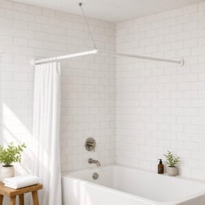White L-shaped shower rod installed in farmhouse-style bathroom with subway tile walls and white curtain pulled aside