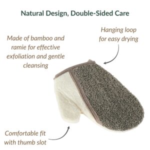 Product features diagram showing hanging loop, thumb slot, and bamboo/ramie construction
