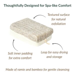 Product features diagram showing textured surface, soft padding, hanging loop, and natural materials