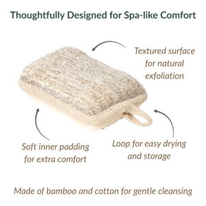 Product features diagram showing textured surface, soft padding, hanging loop, and bamboo/cotton construction