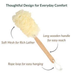 Body brush features highlighted: soft mesh for rich lather, long wooden handle for easy reach, rope loop for hanging