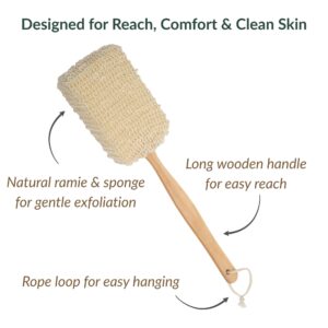 Natural loofah back scrubber with labeled features: natural ramie and sponge for gentle exfoliation, long wooden handle for easy reach, and rope loop for hanging