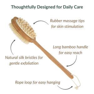 Body brush features highlighted: rubber massage tips for skin stimulation, natural silk bristles for gentle exfoliation, long bamboo handle for easy reach, and rope loop for hanging