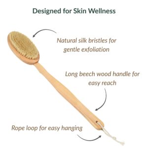 Body brush features highlighted: natural silk bristles for gentle exfoliation, long beech wood handle for easy reach, and rope loop for hanging