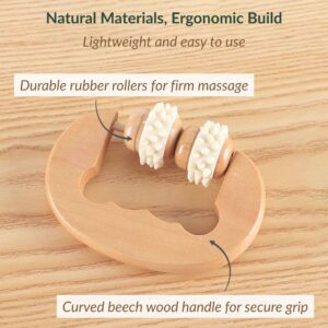 Close-up of massage roller components showing durable rubber rollers for firm massage and curved beech wood handle for secure grip