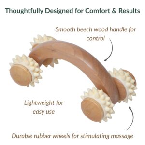 Close-up of massage roller components showing smooth beech wood handle for control, lightweight design for easy use, and durable rubber wheels for stimulating massage