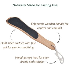 Foot file design features highlighted: dual-sided surface with fine grit for gentle smoothing, ergonomic wooden handle for control and comfort, and hanging rope loop for easy drying and storage