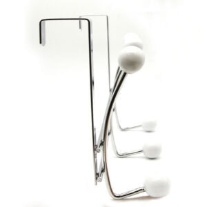 "Side view of chrome over-the-door hook rack showing double hook design with white ball ends"