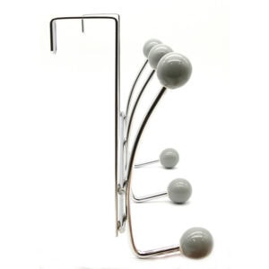 "Side view of chrome over-the-door hook rack showing double hook design with gray ball ends"