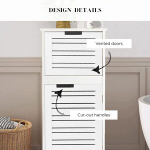 Design detail callout on white slatted bathroom cabinet highlighting vented doors and cut-out handles